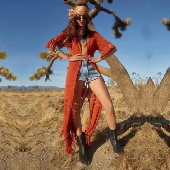 SOLD OUT Rust Crochet Boho Long Duster Knit Sweater Wrap - Picture 1 of 3